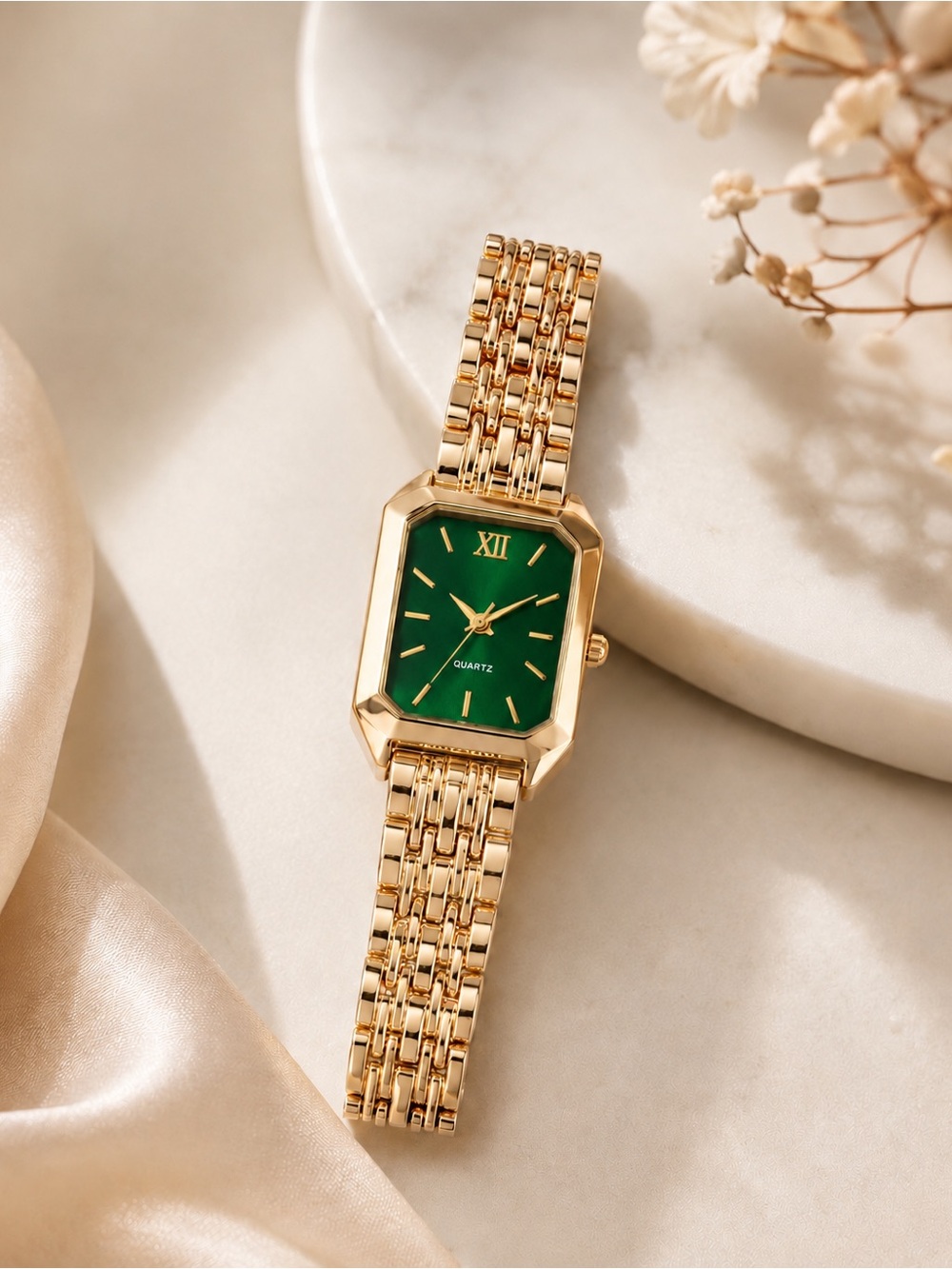 Gold Bracelet Watch with Green Dial